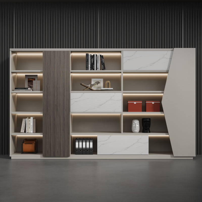 Elegant storage and display cabinet designed with open shelves, concealed cabinets, and marble-inspired accents