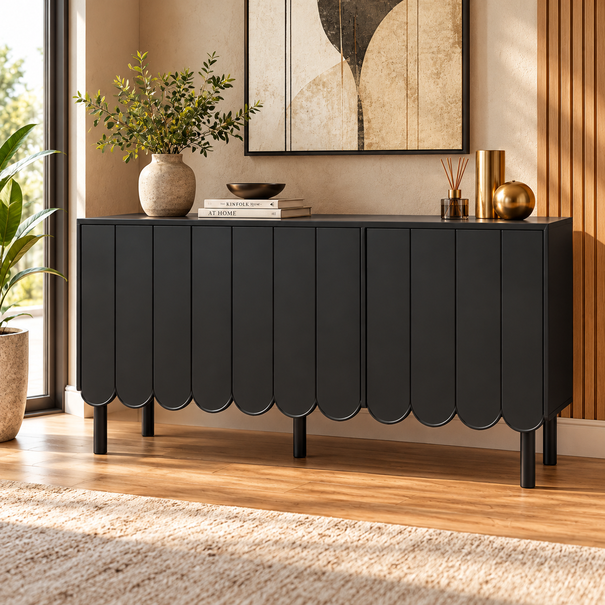 Modern Designer Sideboard Cabinet with Scalloped Door Panels, Enclosed Storage and Raised Legs for Living & Dining Spaces