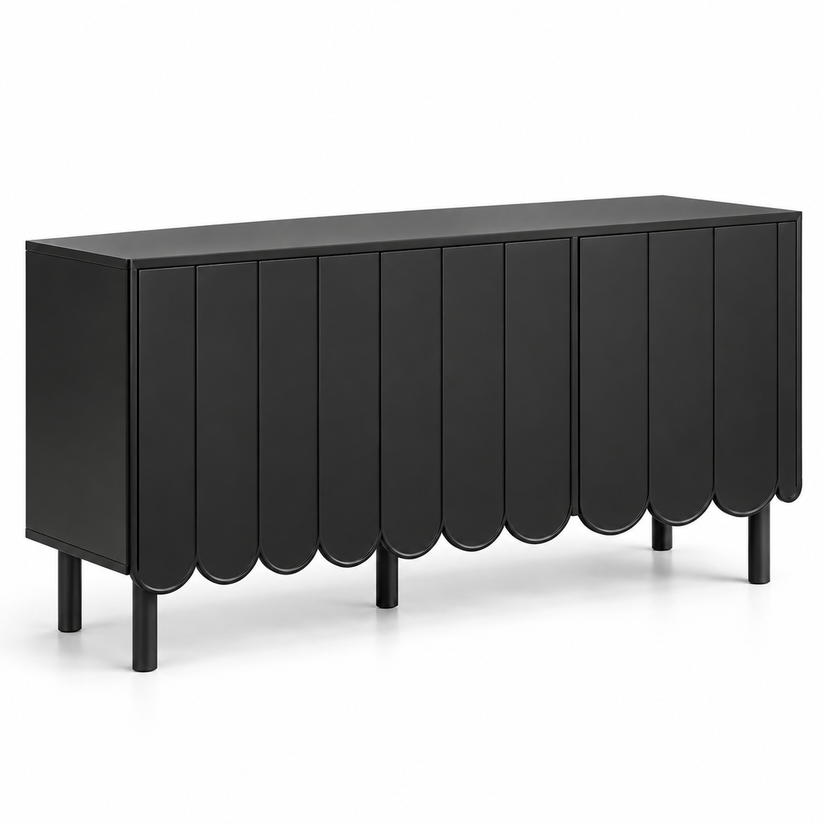 Modern Designer Sideboard Cabinet with Scalloped Door Panels, Enclosed Storage and Raised Legs for Living & Dining Spaces