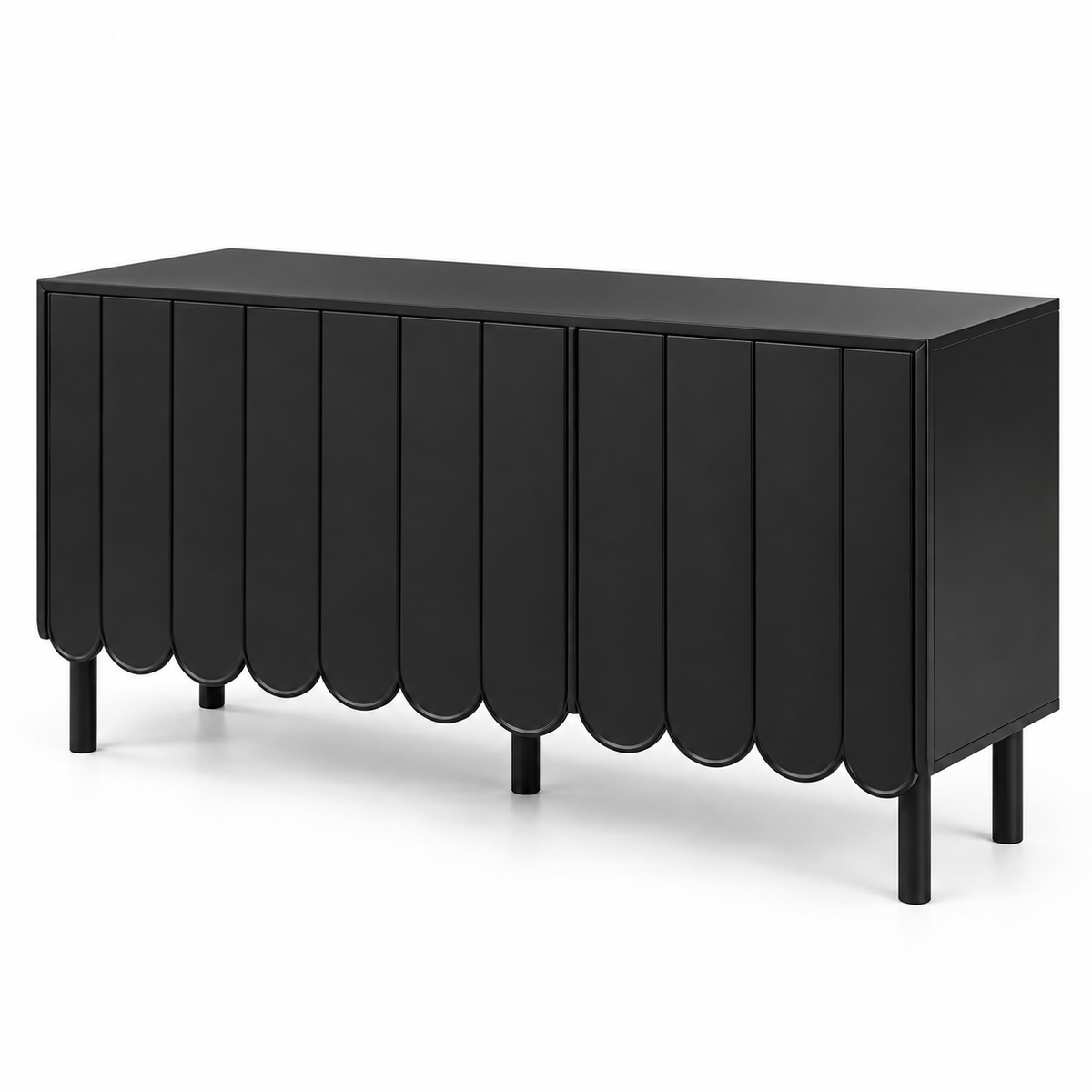 Modern Designer Sideboard Cabinet with Scalloped Door Panels, Enclosed Storage and Raised Legs for Living & Dining Spaces