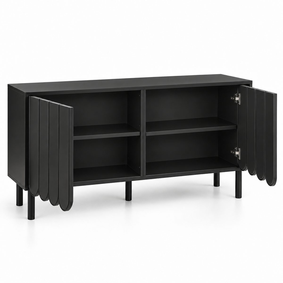 Modern Designer Sideboard Cabinet with Scalloped Door Panels, Enclosed Storage and Raised Legs for Living & Dining Spaces