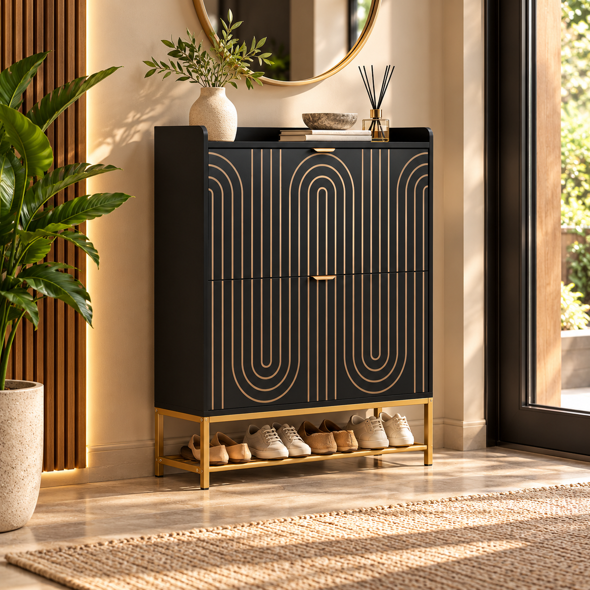 Modern MDF Shoe Cabinet with PU Finish, Geometric Line Doors, Enclosed Storage & Open Bottom Rack for Entryway, Foyer and Hallway