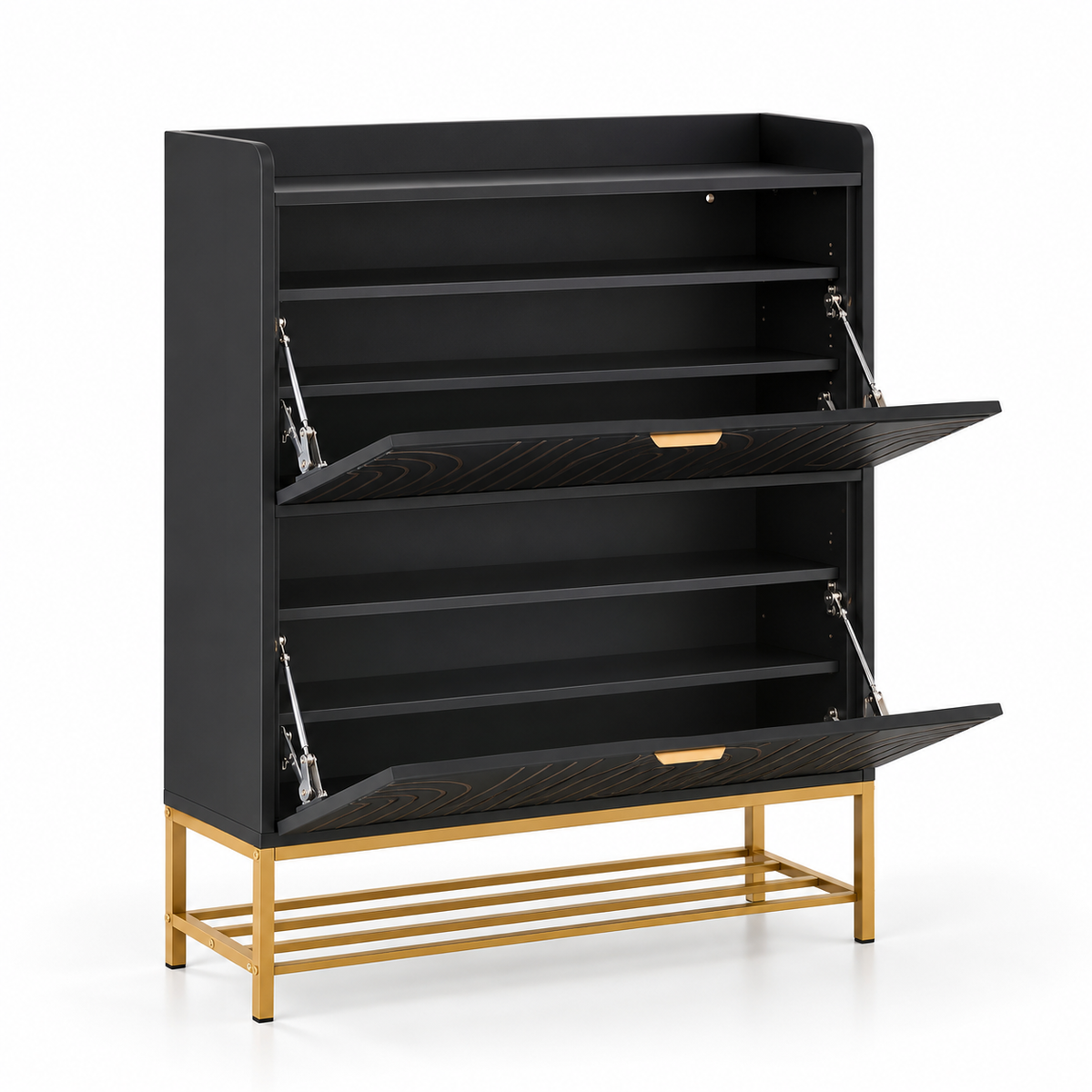 Modern MDF Shoe Cabinet with PU Finish, Geometric Line Doors, Enclosed Storage & Open Bottom Rack for Entryway, Foyer and Hallway