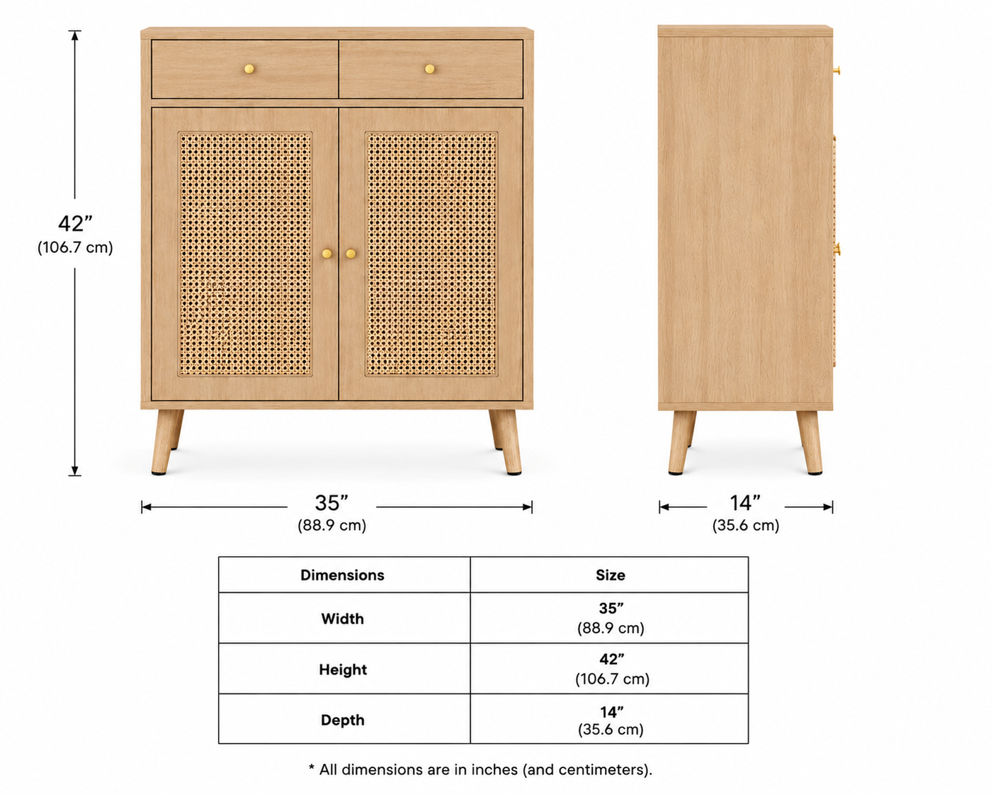 Rattan Storage Cabinet with 2 Drawers, 2 Doors & Internal Shelves, Wooden Accent Sideboard in Particle Wood Finish for Home Storage