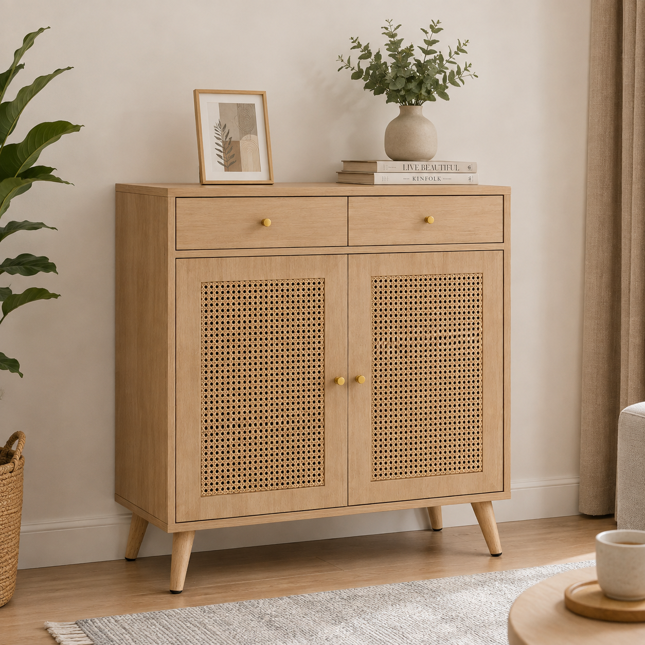 Rattan Storage Cabinet with 2 Drawers, 2 Doors & Internal Shelves, Wooden Accent Sideboard in Particle Wood Finish for Home Storage
