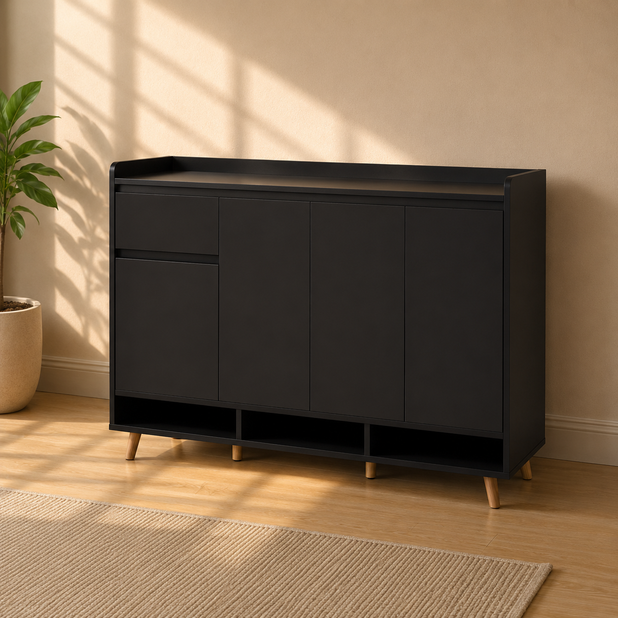 Contemporary shoe storage cabinet designed with spacious compartments, adjustable shelving, smooth drawer storage