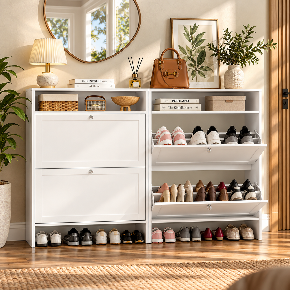 Modern Particle Board Shoe Cabinet with 4 Flip Drawers, Open Display Shelves & Space-Saving Storage for Entryway, Foyer and Bedroom