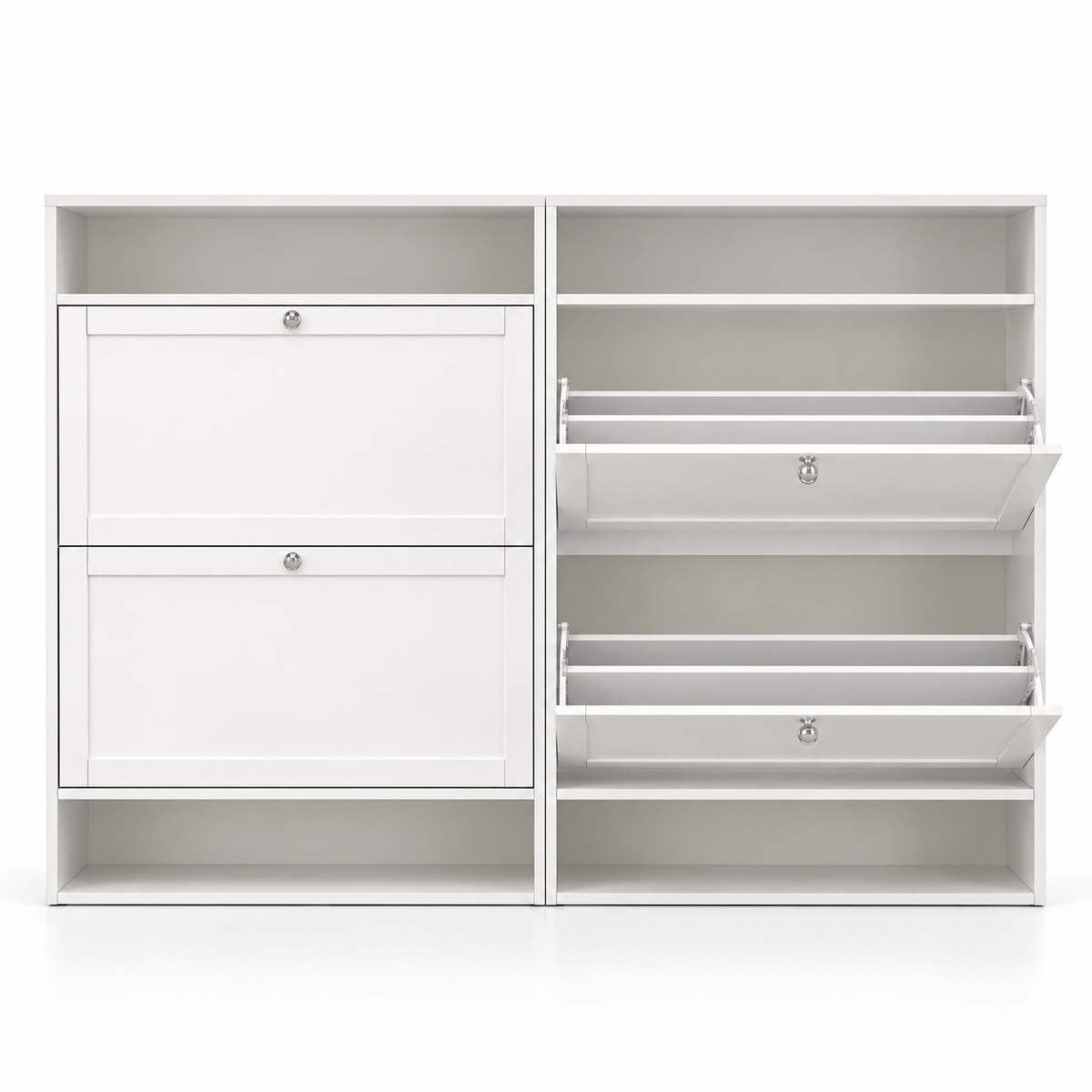Modern Particle Board Shoe Cabinet with 4 Flip Drawers, Open Display Shelves & Space-Saving Storage for Entryway, Foyer and Bedroom
