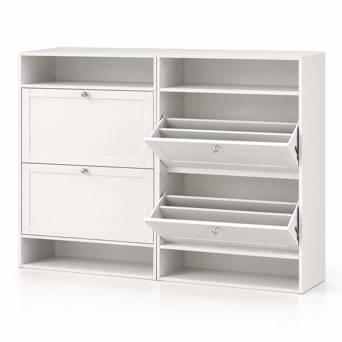 Modern Particle Board Shoe Cabinet with 4 Flip Drawers, Open Display Shelves & Space-Saving Storage for Entryway, Foyer and Bedroom