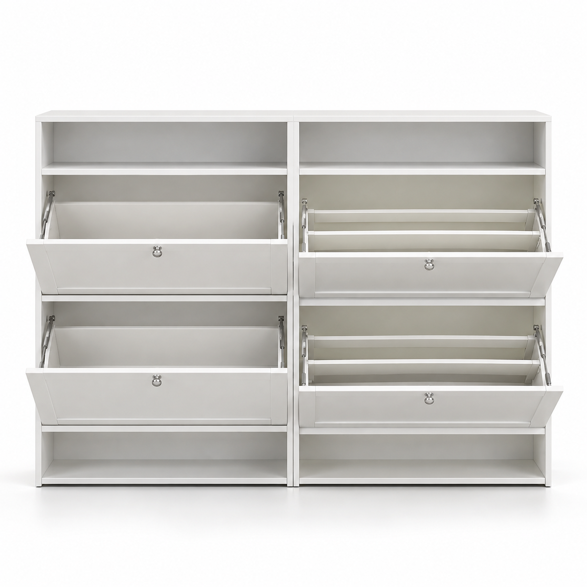 Modern Particle Board Shoe Cabinet with 4 Flip Drawers, Open Display Shelves & Space-Saving Storage for Entryway, Foyer and Bedroom