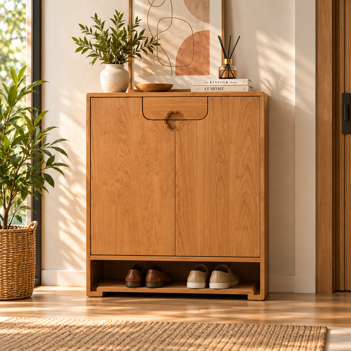 Modern Particle Board Shoe Cabinet with Dual Doors, Top Storage Drawer & Open Bottom Shelf for Entryway, Foyer, Bedroom and Hallway