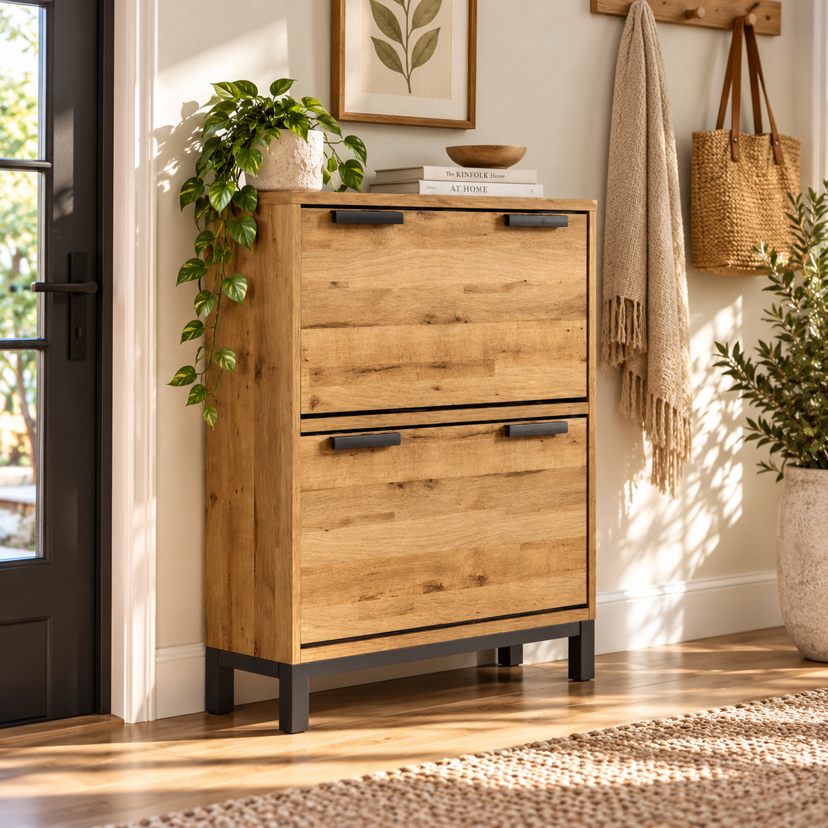 Modern Particle Board Shoe Cabinet with 2 Flip Drawers, Wood Grain Finish & Raised Legs for Entryway, Foyer, Hallway and Bedroom
