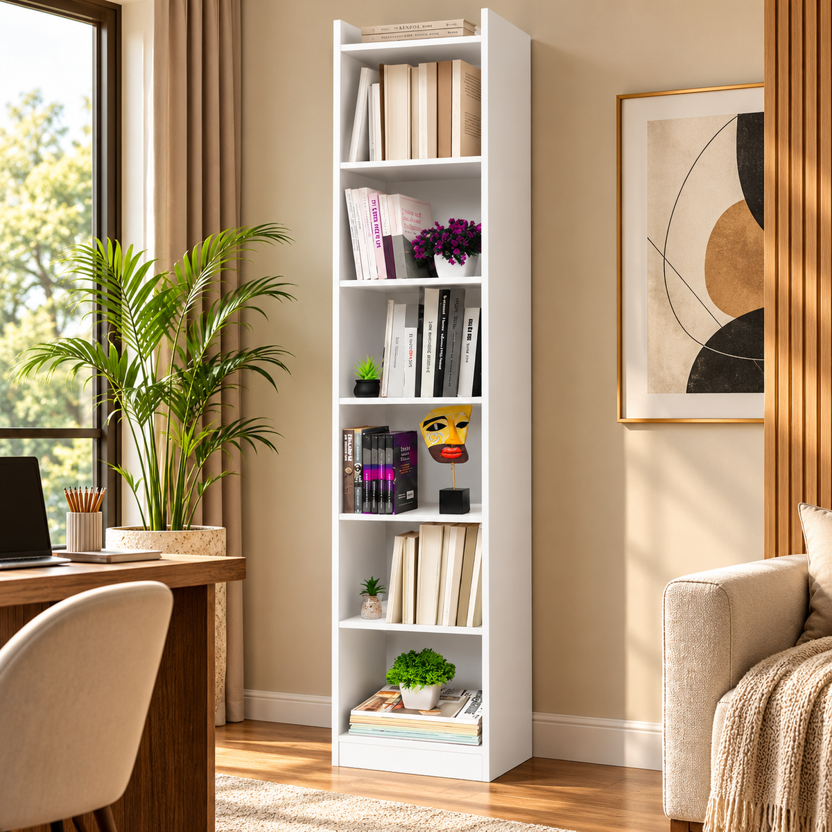 Slim Vertical Open Bookcase with Multi-Tier Storage Shelves for Books, Décor, Study Rooms, Bedrooms and Compact Spaces