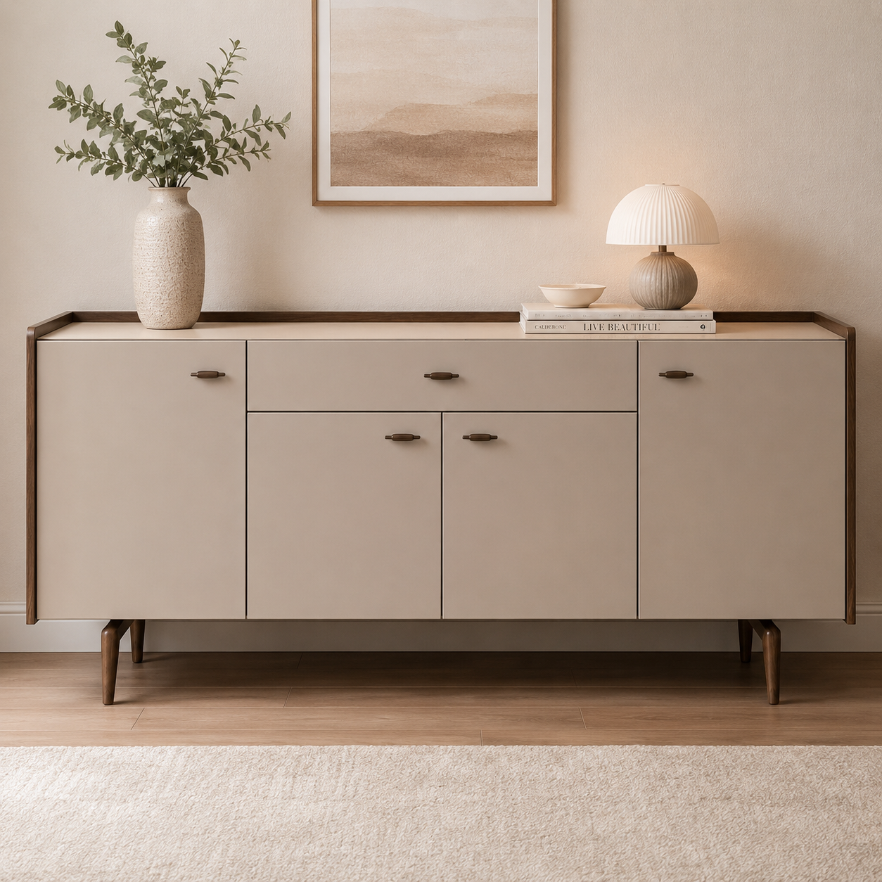 Modern Wooden Storage Cabinet with Multipurpose Compartments and Smooth-Finish Doors
