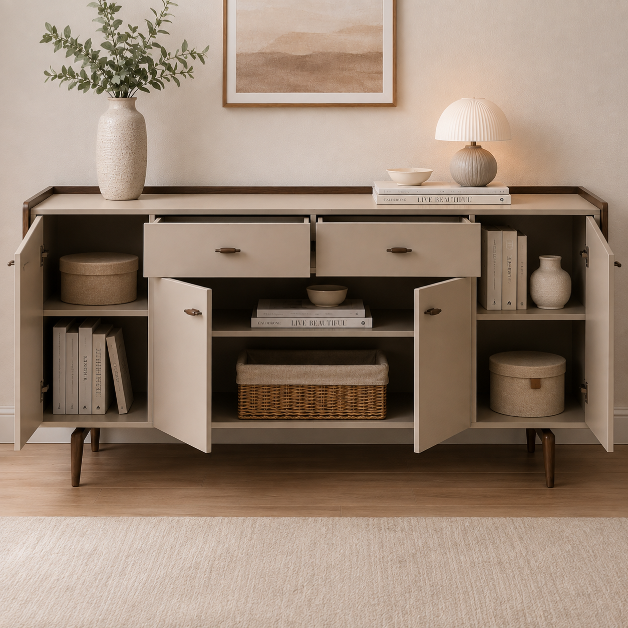 Modern Wooden Storage Cabinet with Multipurpose Compartments and Smooth-Finish Doors