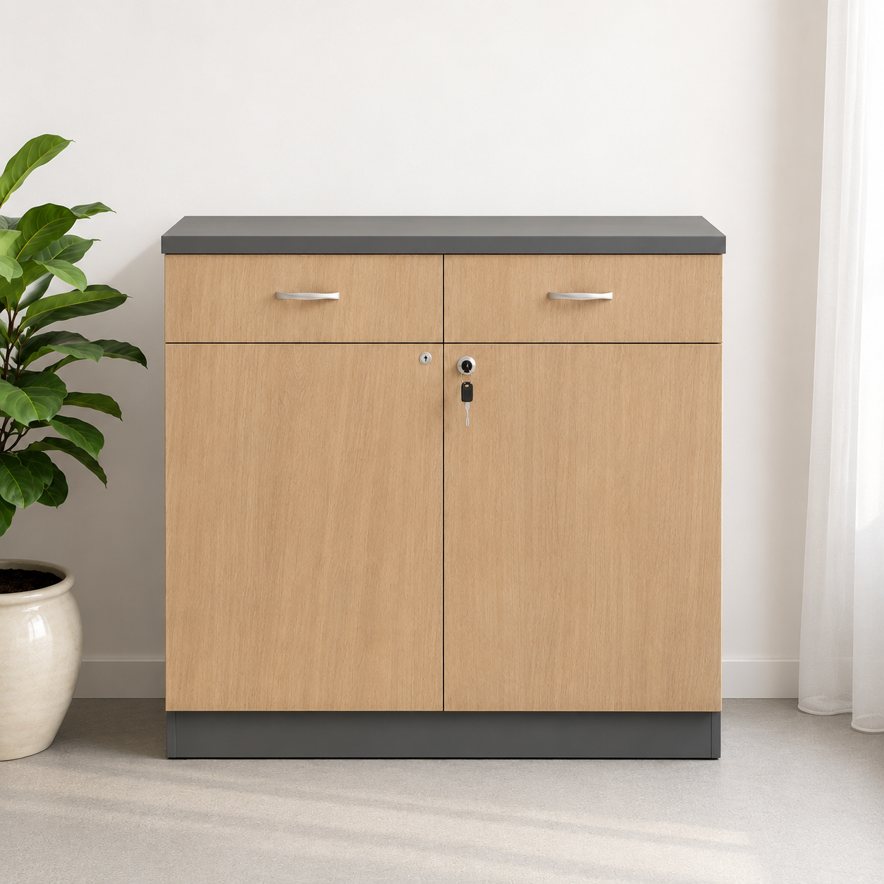 Wooden Office Storage Cabinet with Locking Doors, Spacious Shelving, Premium Sideboard Organizer for Home Office & Workspace