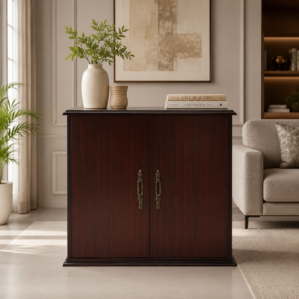 Modern Wooden TV Unit with Storage Cabinet & Open Shelves, Scandinavian Oak Finish Entertainment Console Table for Living Room