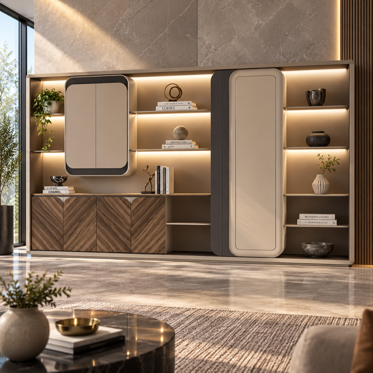 Modern Office Back Storage Unit with LED Display Shelves, Rounded Cabinets, Chevron Doors and Open Storage for Director Cabins