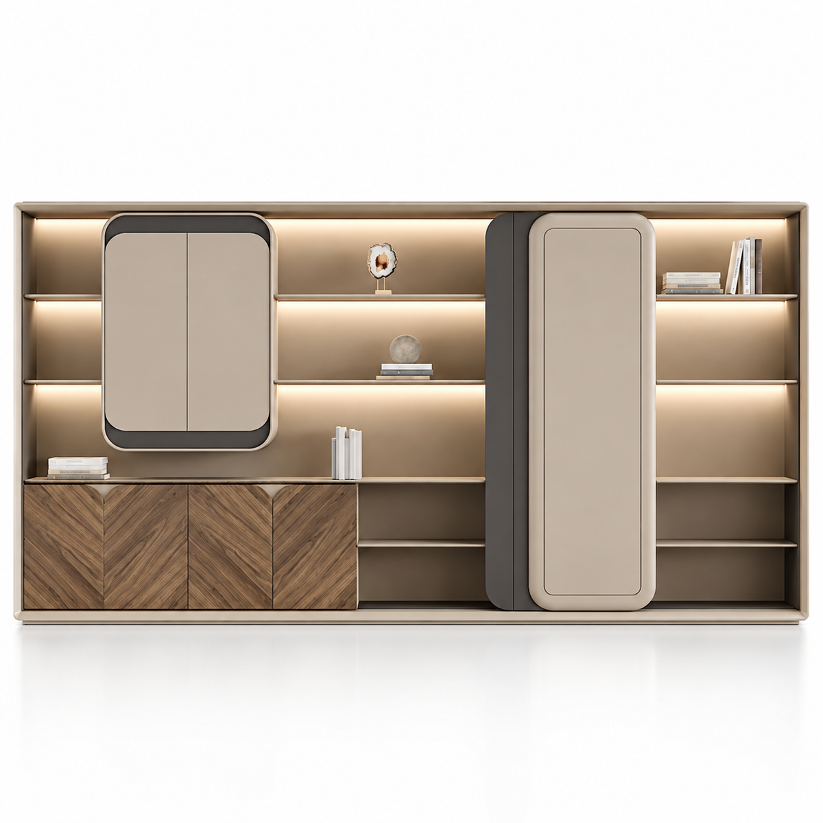 Modern Office Back Storage Unit with LED Display Shelves, Rounded Cabinets, Chevron Doors and Open Storage for Director Cabins