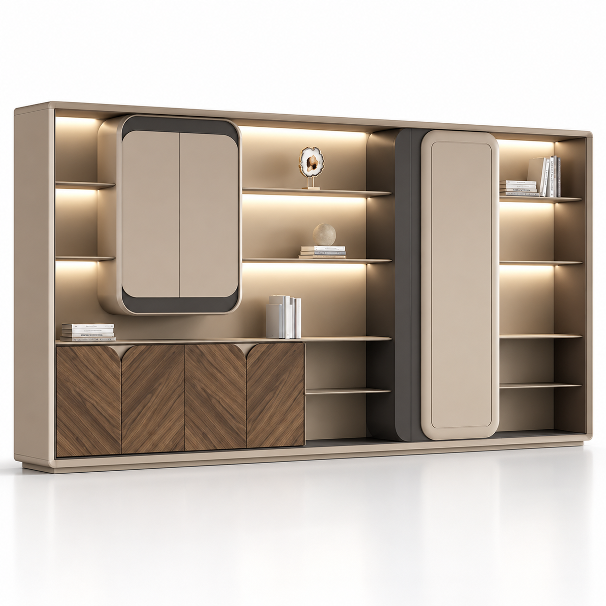 Modern Office Back Storage Unit with LED Display Shelves, Rounded Cabinets, Chevron Doors and Open Storage for Director Cabins