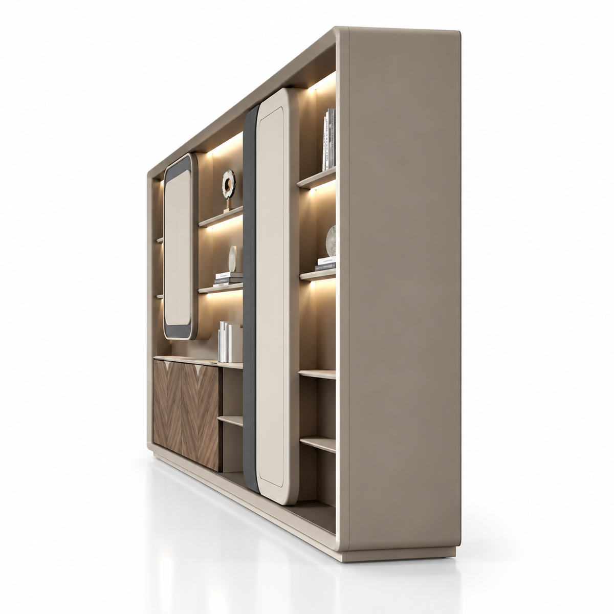 Modern Office Back Storage Unit with LED Display Shelves, Rounded Cabinets, Chevron Doors and Open Storage for Director Cabins