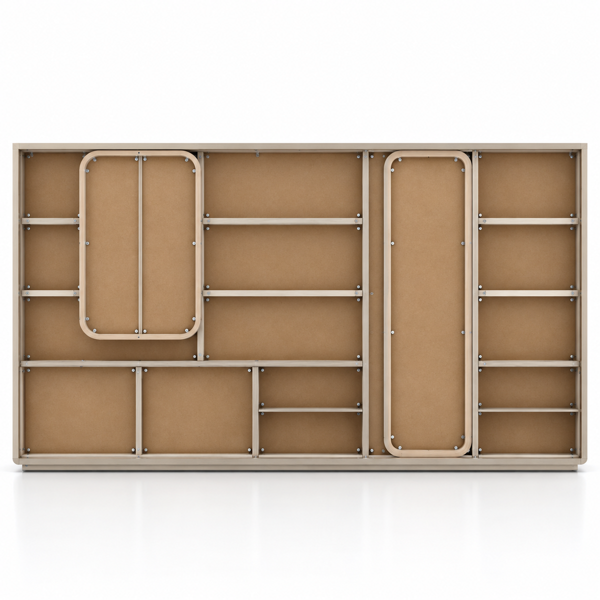 Modern Office Back Storage Unit with LED Display Shelves, Rounded Cabinets, Chevron Doors and Open Storage for Director Cabins