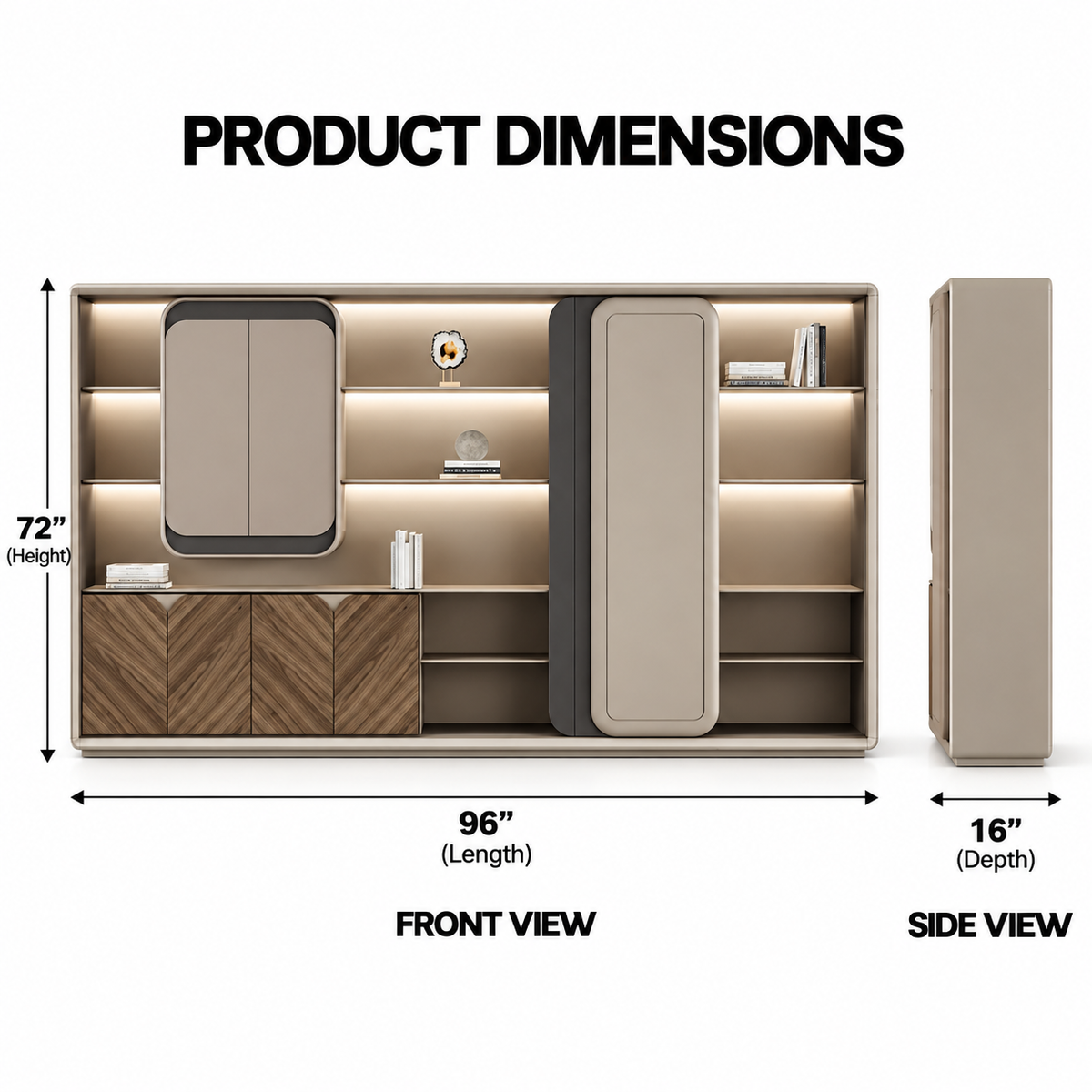 Modern Office Back Storage Unit with LED Display Shelves, Rounded Cabinets, Chevron Doors and Open Storage for Director Cabins