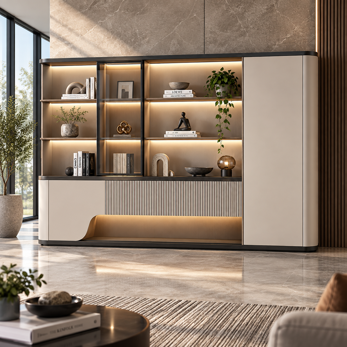 Modern Office Back Storage Unit with LED Display Shelves, Curved Cabinets and Fluted Detail for Director Cabins and Workspaces