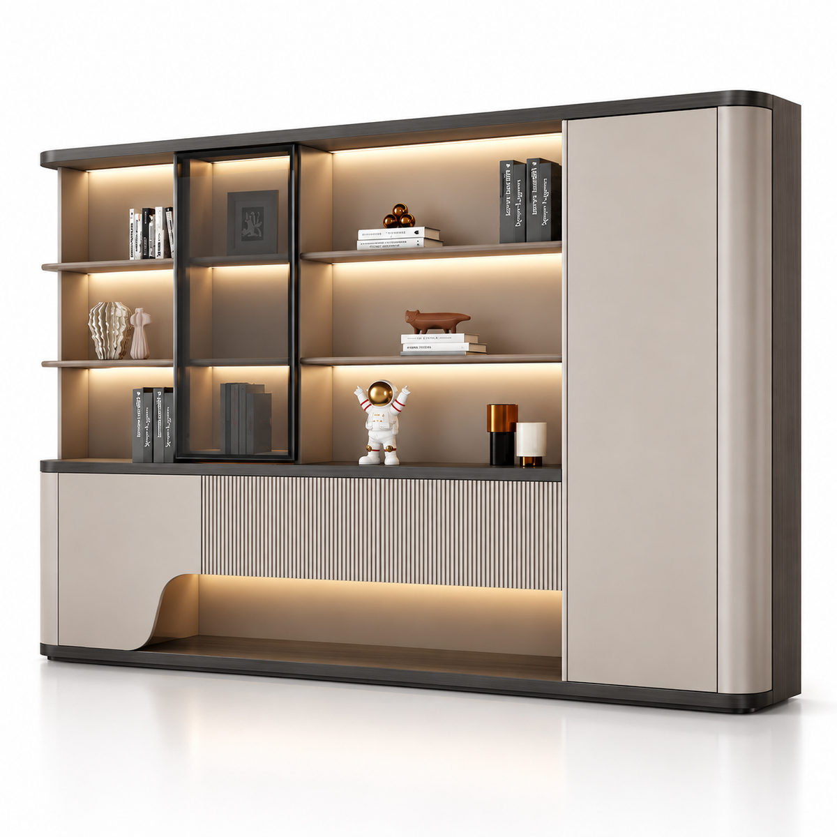 Modern Office Back Storage Unit with LED Display Shelves, Curved Cabinets and Fluted Detail for Director Cabins and Workspaces