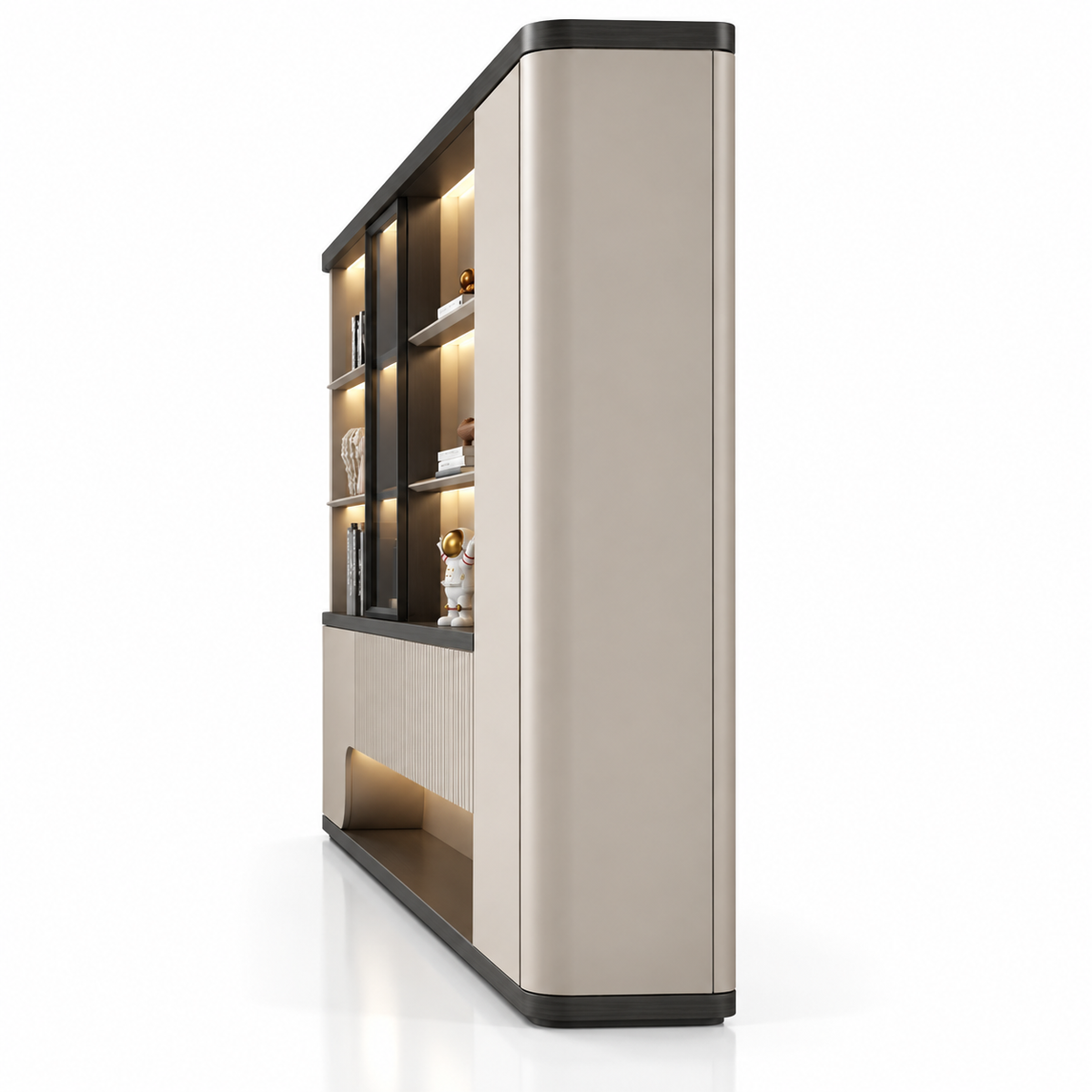 Modern Office Back Storage Unit with LED Display Shelves, Curved Cabinets and Fluted Detail for Director Cabins and Workspaces