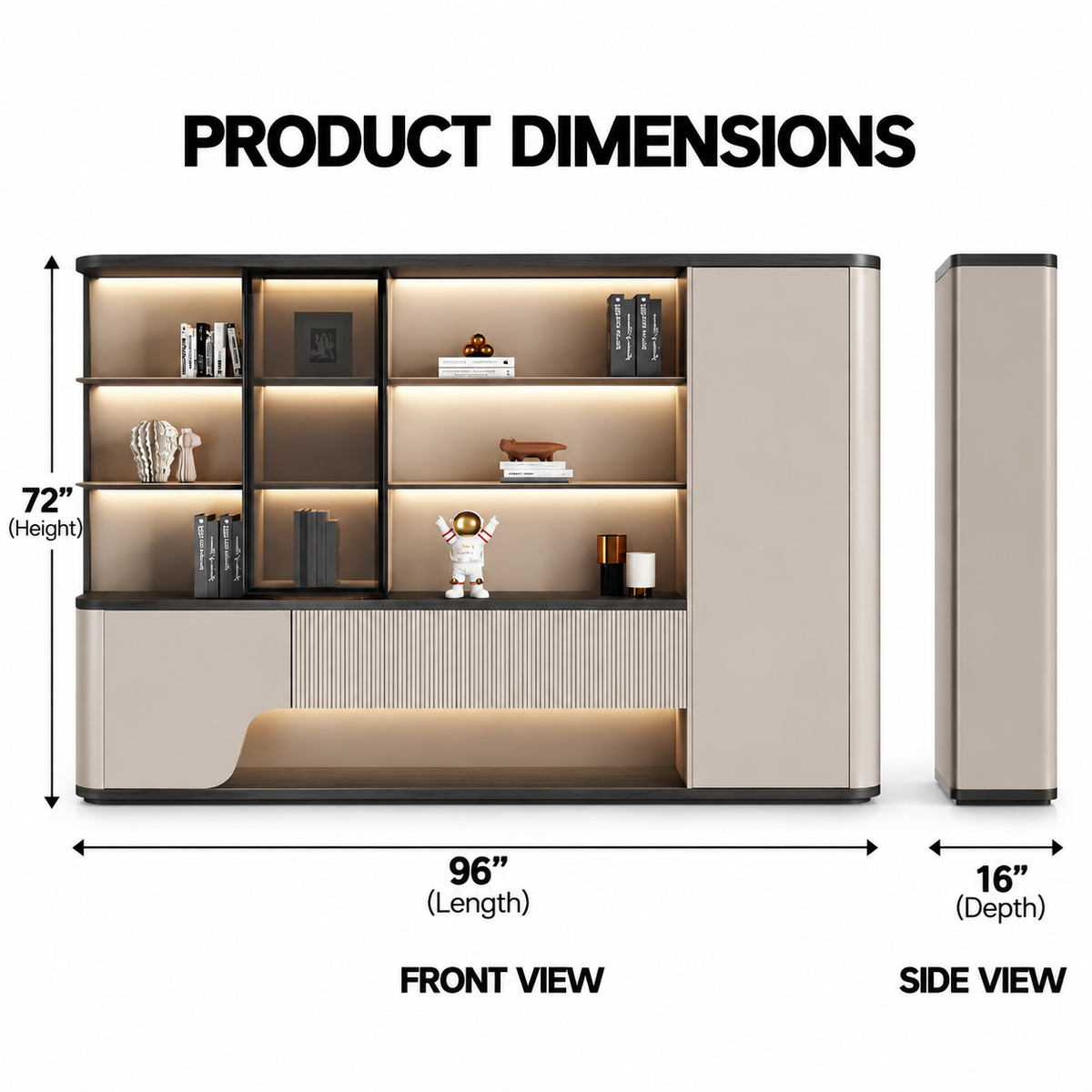 Modern Office Back Storage Unit with LED Display Shelves, Curved Cabinets and Fluted Detail for Director Cabins and Workspaces
