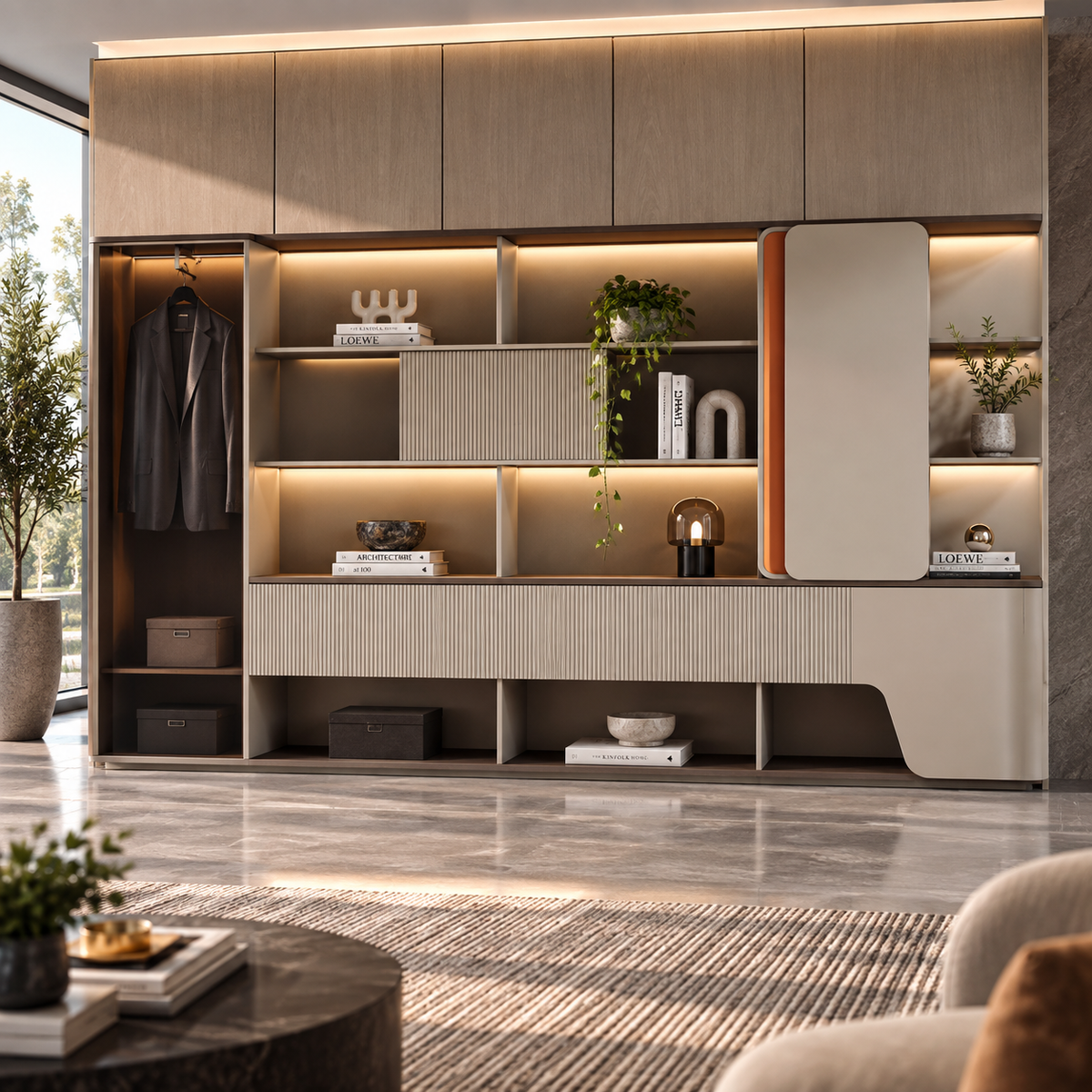 Modern Office Back Storage Unit with LED Display Shelves, Wardrobe Section, Curved Panels and Closed Storage for Director Cabins