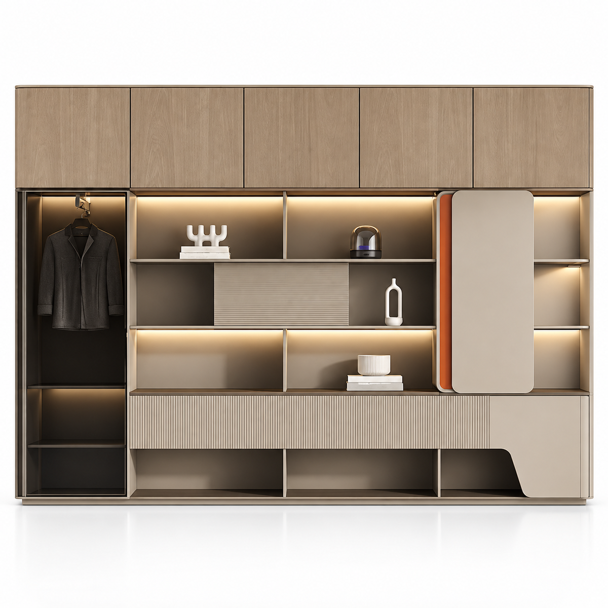 Modern Office Back Storage Unit with LED Display Shelves, Wardrobe Section, Curved Panels and Closed Storage for Director Cabins