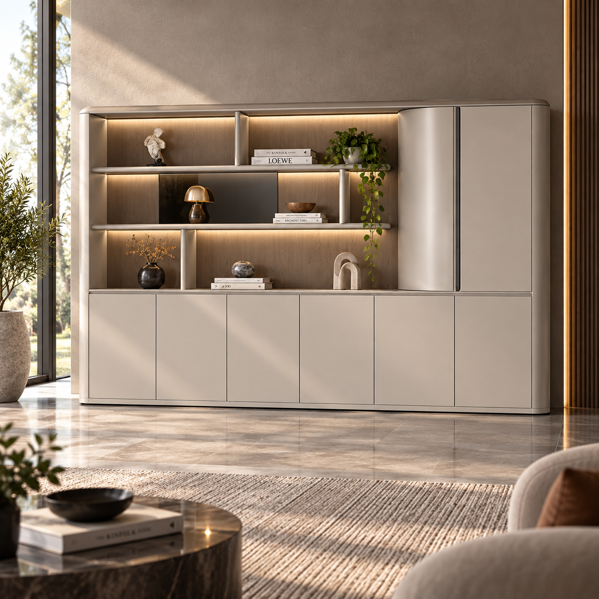 Modern Office Back Storage Unit with LED Display Shelves, Curved Side Cabinet and Closed Storage for Director Cabins