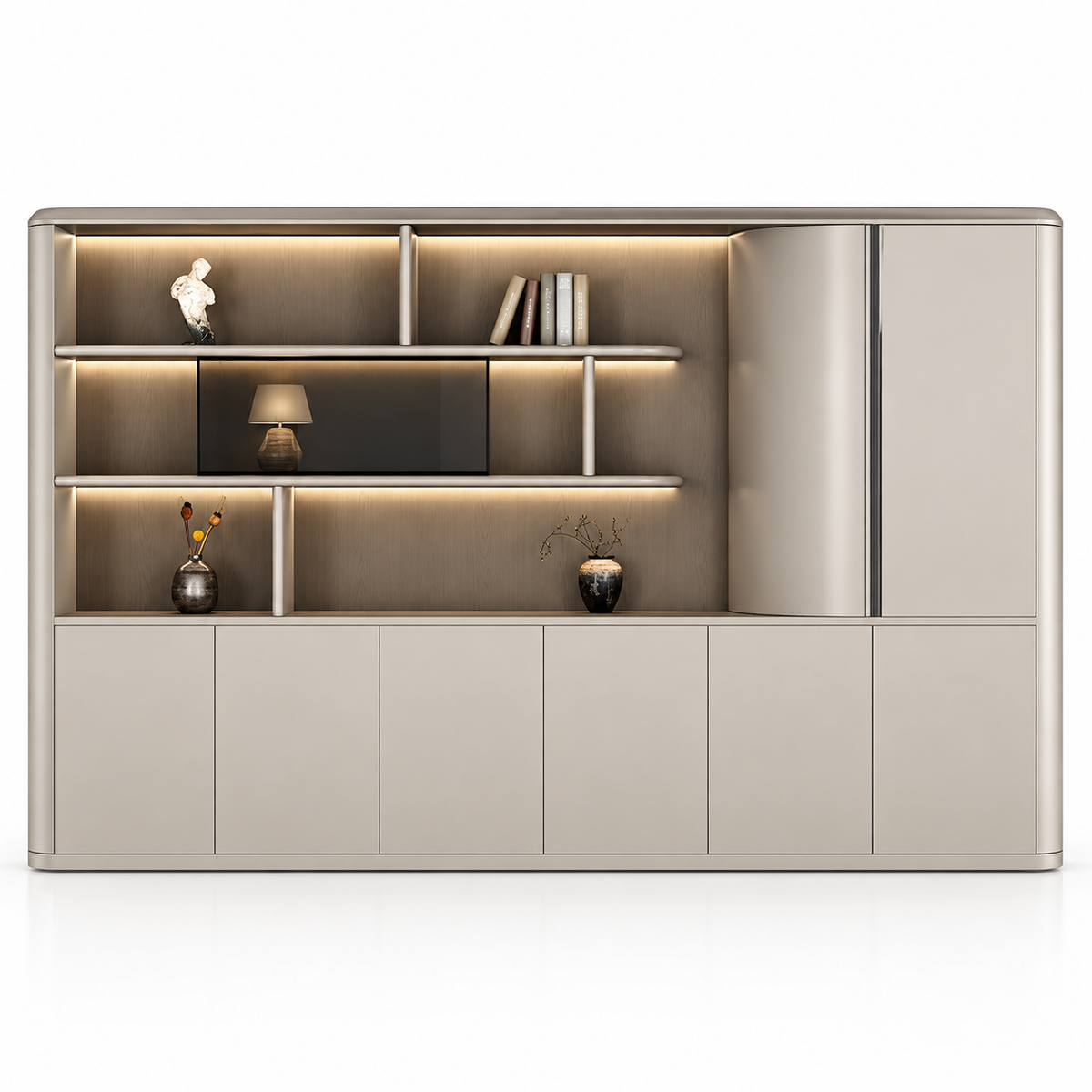 Modern Office Back Storage Unit with LED Display Shelves, Curved Side Cabinet and Closed Storage for Director Cabins