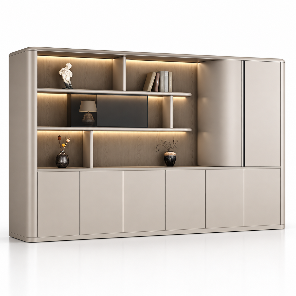 Modern Office Back Storage Unit with LED Display Shelves, Curved Side Cabinet and Closed Storage for Director Cabins