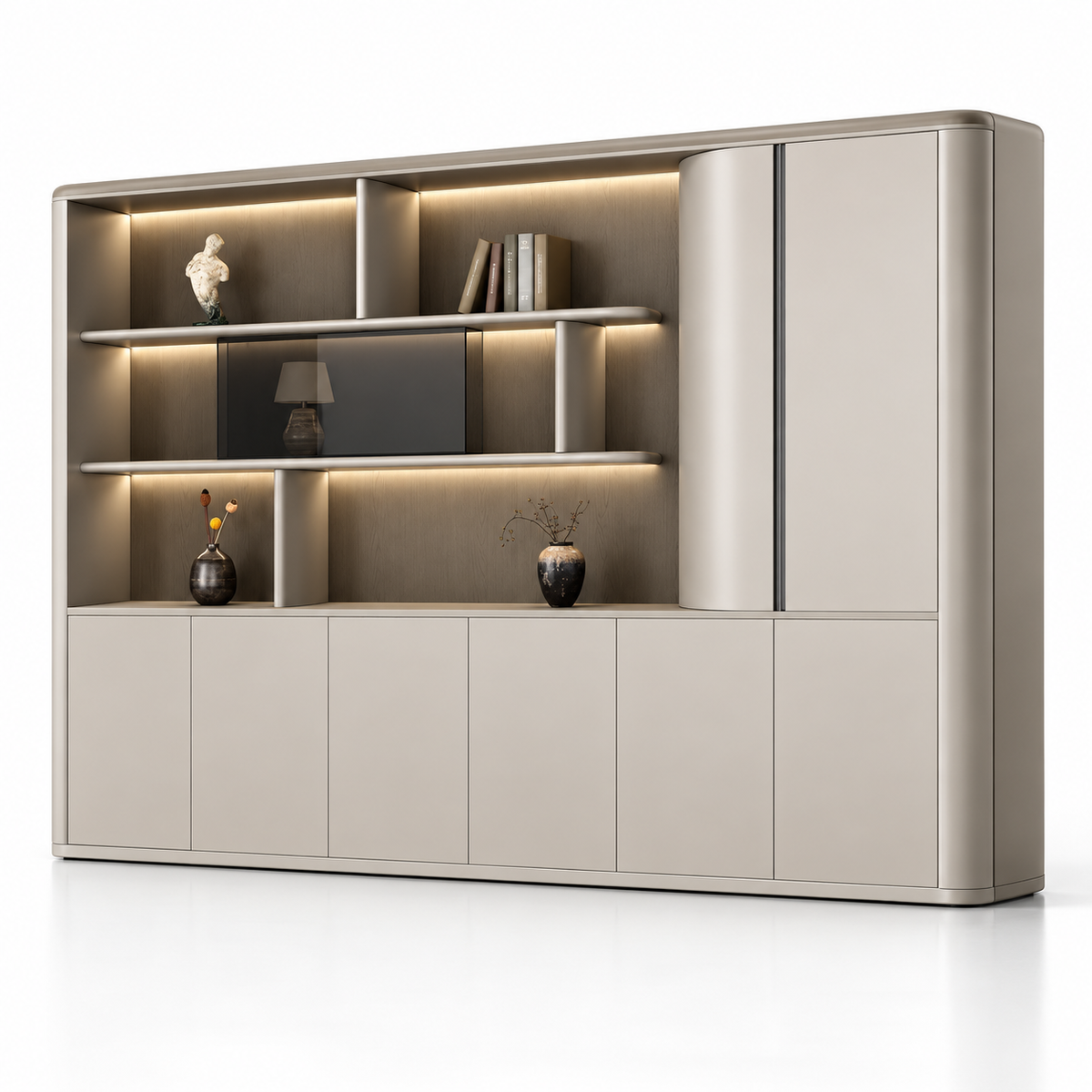 Modern Office Back Storage Unit with LED Display Shelves, Curved Side Cabinet and Closed Storage for Director Cabins
