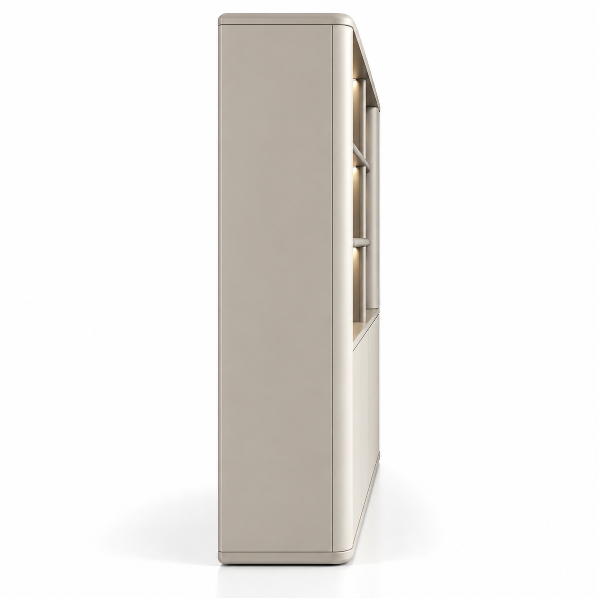 Modern Office Back Storage Unit with LED Display Shelves, Curved Side Cabinet and Closed Storage for Director Cabins