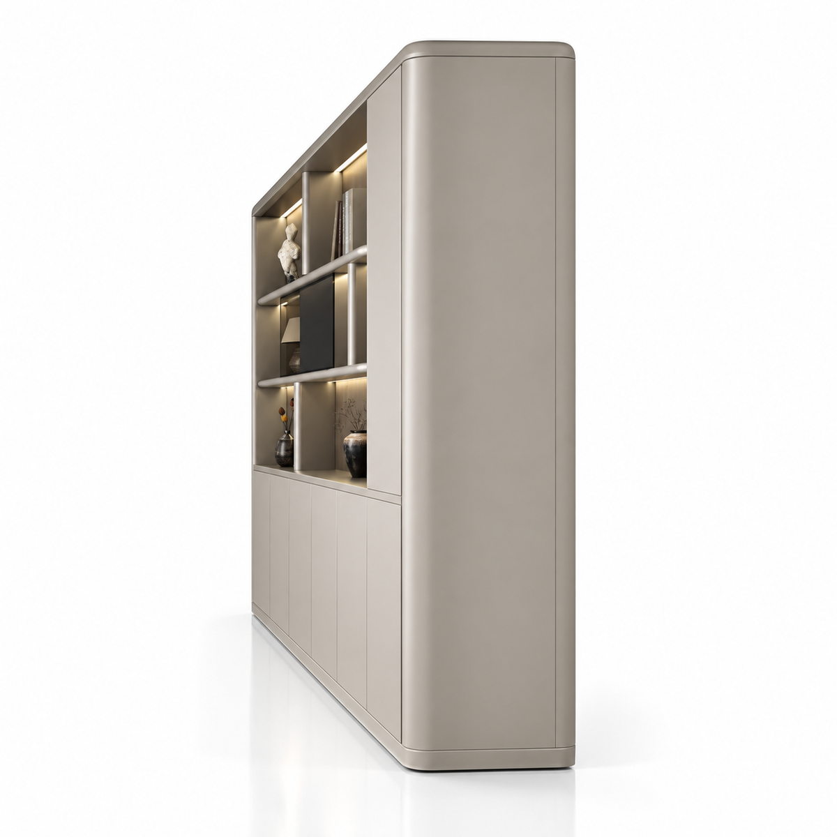 Modern Office Back Storage Unit with LED Display Shelves, Curved Side Cabinet and Closed Storage for Director Cabins