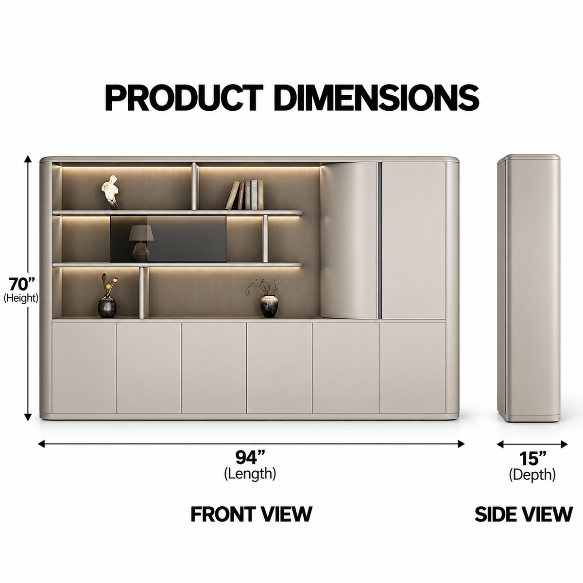 Modern Office Back Storage Unit with LED Display Shelves, Curved Side Cabinet and Closed Storage for Director Cabins