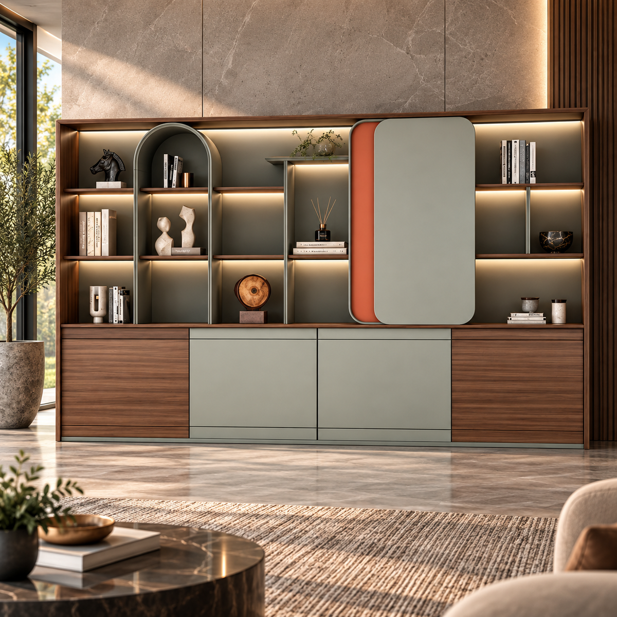 Modern Office Back Storage Unit with Open Display Shelves, Rounded Accent Panels and Closed Cabinets for Director Cabins