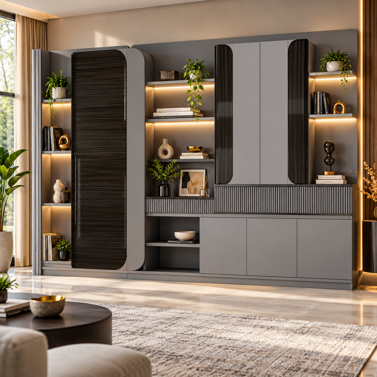 Modern Full Height Display & Storage Cabinet with Open Shelves, Closed Compartments and Integrated Lighting for Office & Home