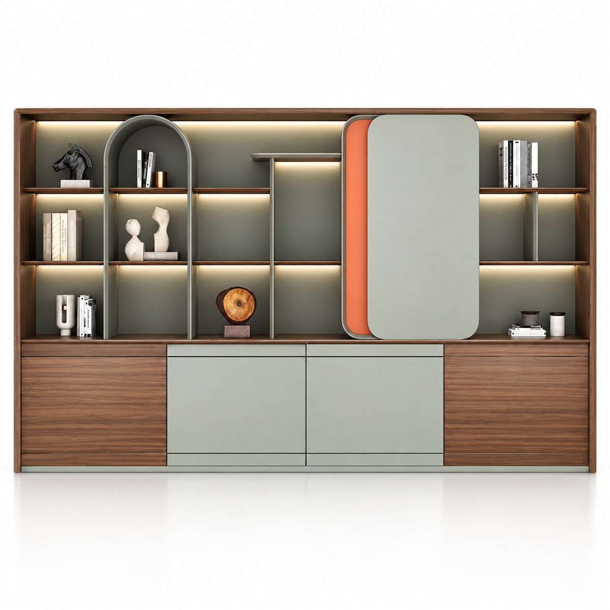 Modern Office Back Storage Unit with Open Display Shelves, Rounded Accent Panels and Closed Cabinets for Director Cabins