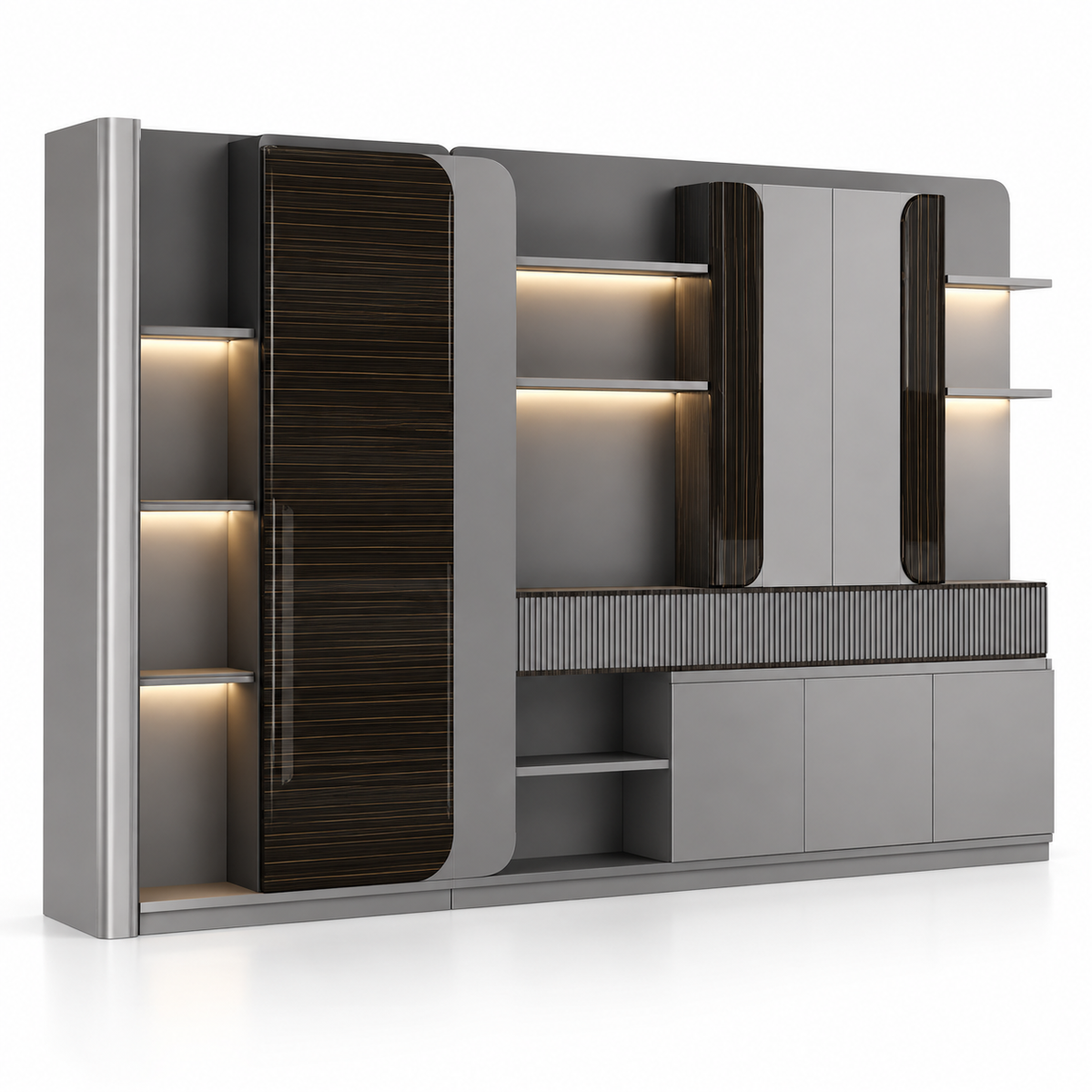 Modern Full Height Display & Storage Cabinet with Open Shelves, Closed Compartments and Integrated Lighting for Office & Home