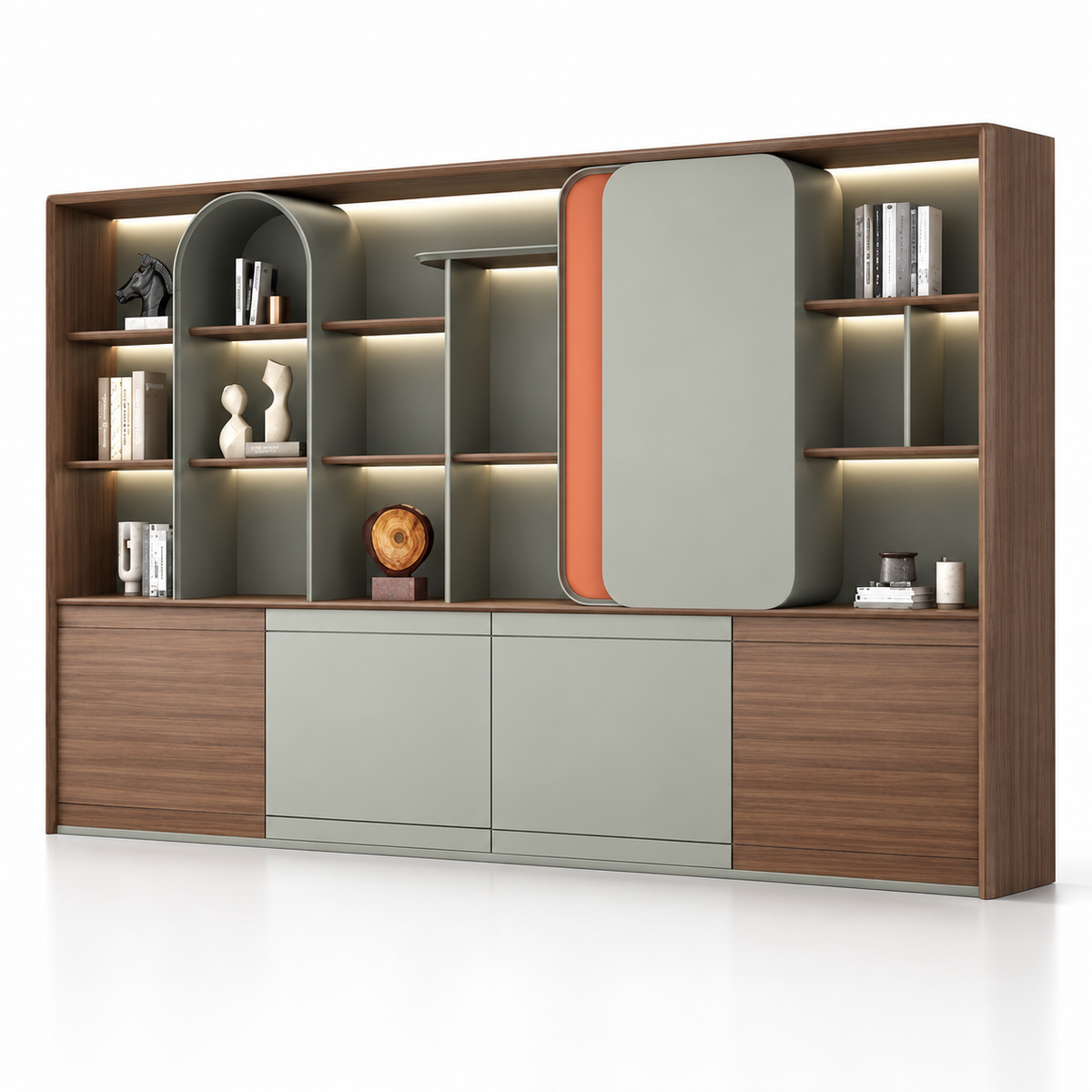 Modern Office Back Storage Unit with Open Display Shelves, Rounded Accent Panels and Closed Cabinets for Director Cabins