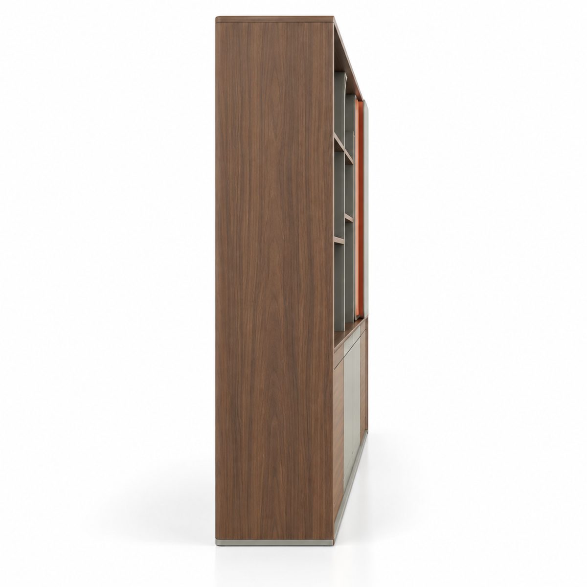 Modern Office Back Storage Unit with Open Display Shelves, Rounded Accent Panels and Closed Cabinets for Director Cabins