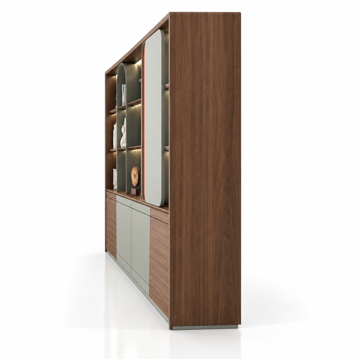 Modern Office Back Storage Unit with Open Display Shelves, Rounded Accent Panels and Closed Cabinets for Director Cabins