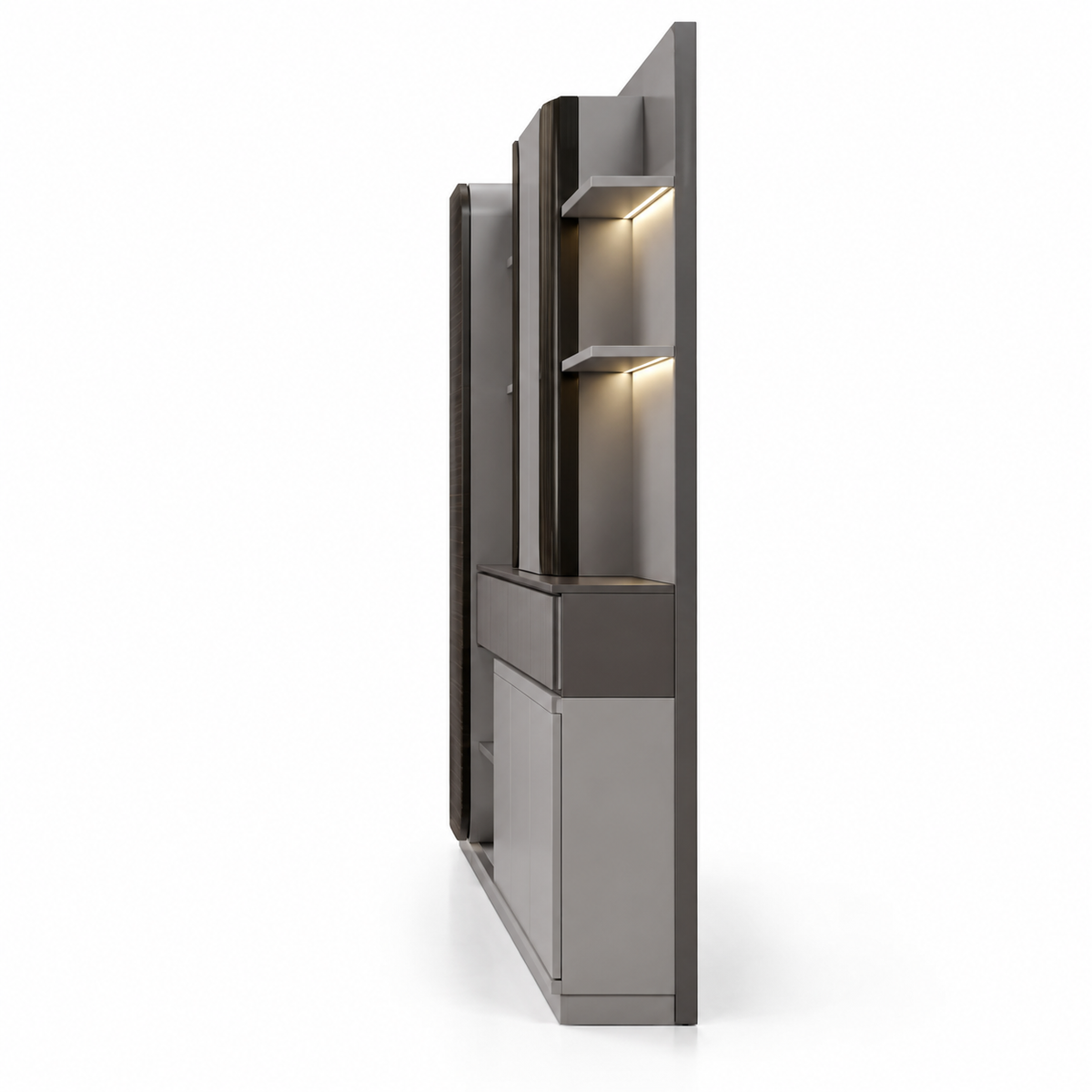 Modern Full Height Display & Storage Cabinet with Open Shelves, Closed Compartments and Integrated Lighting for Office & Home
