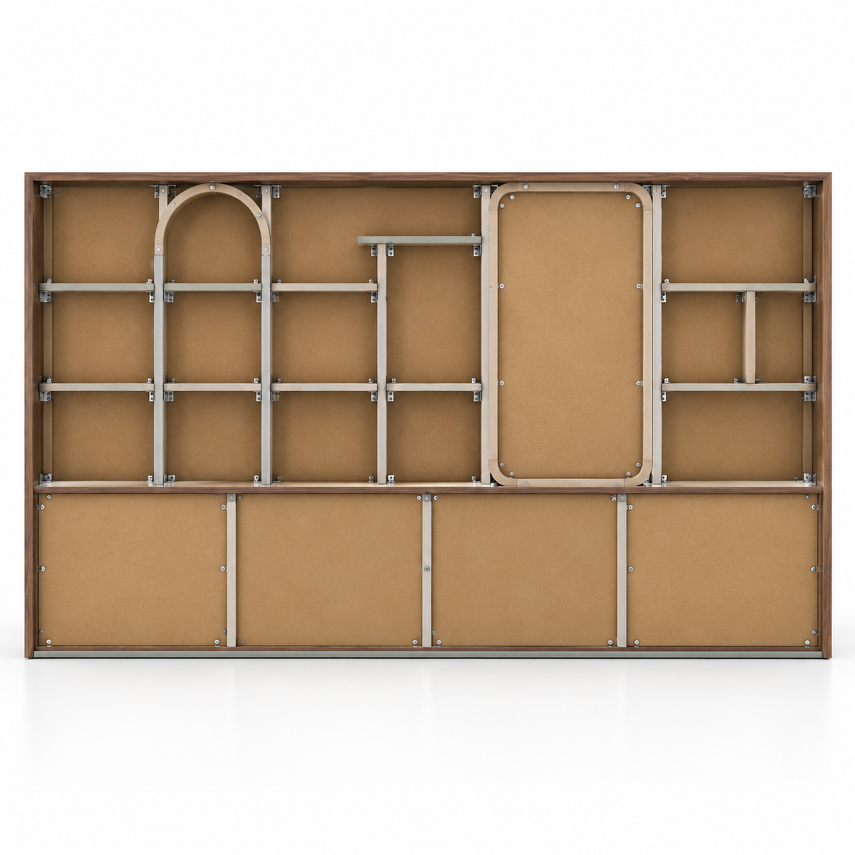 Modern Office Back Storage Unit with Open Display Shelves, Rounded Accent Panels and Closed Cabinets for Director Cabins