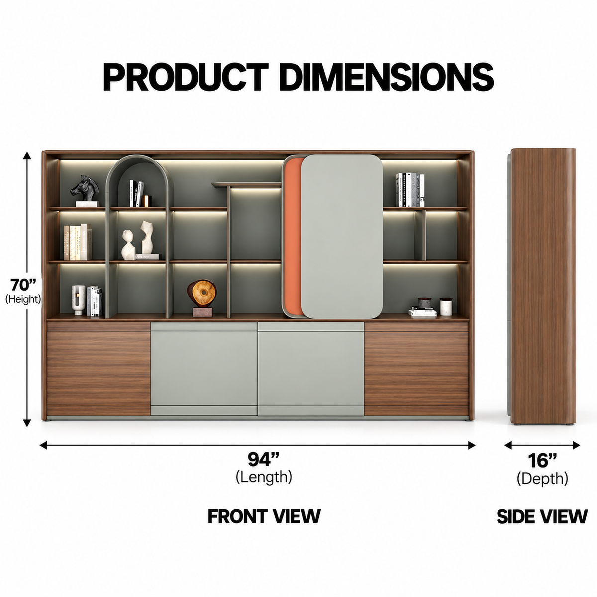 Modern Office Back Storage Unit with Open Display Shelves, Rounded Accent Panels and Closed Cabinets for Director Cabins